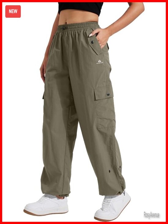 Pants - Parachute Cargo Pants with Pockets Baggy High Waisted Quick Dry Hiking Pants